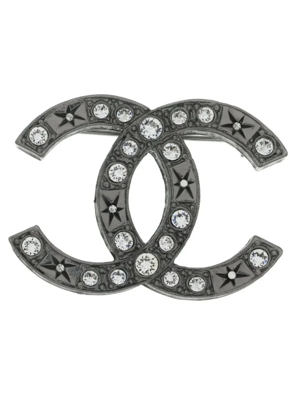 Chanel CC Logo Rhinestone Brooch Pin Badge Silver
